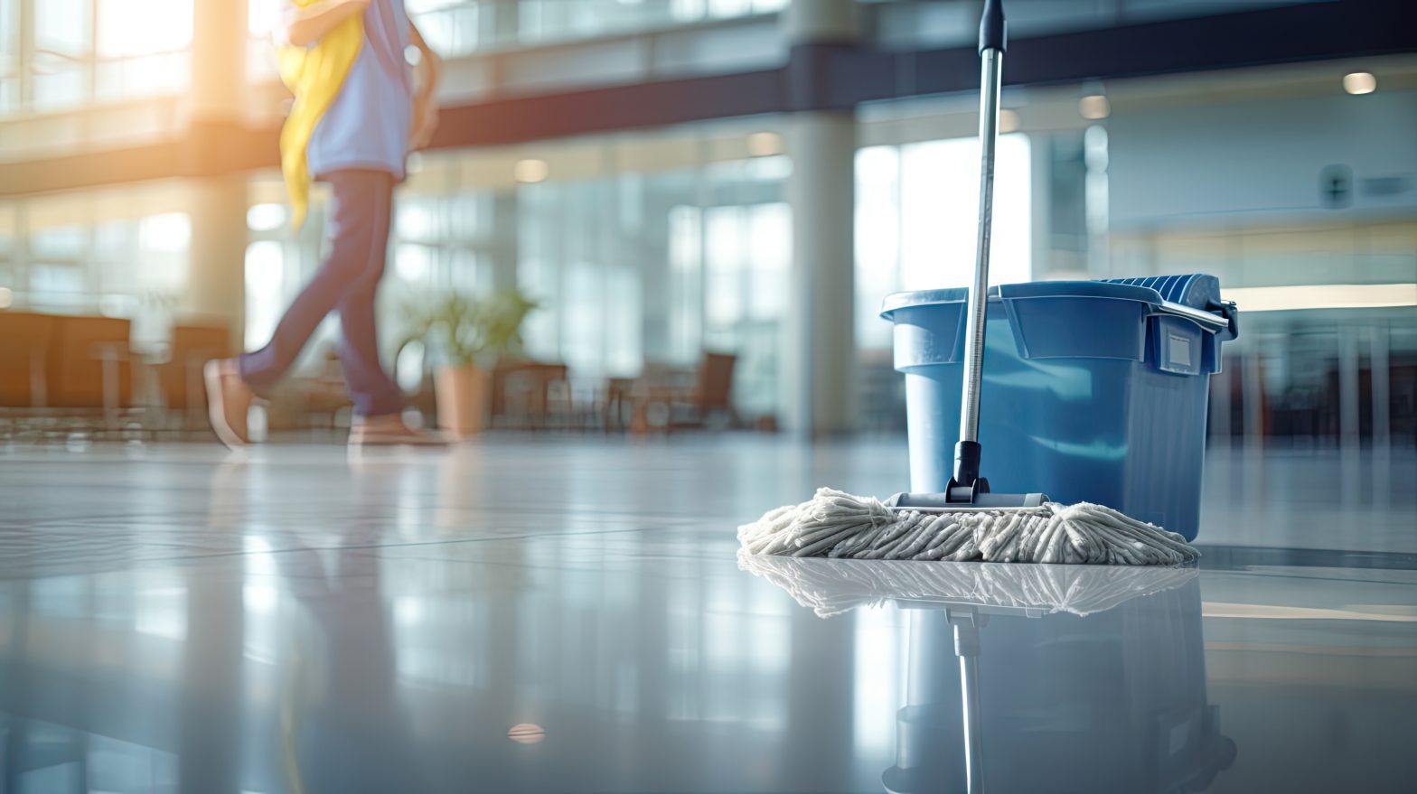 Concept of mopping floor of public business with possible slip and fall accident and turning to Premises Liability Injury Lawyer Norfolk.